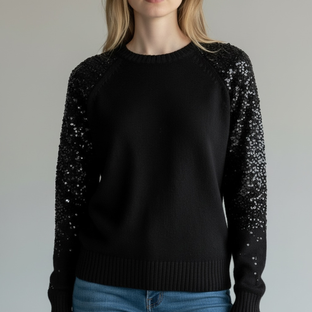Apt. 9 Black Embellished Rhinestone Sleeve Sweater Size S